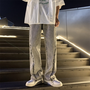 做旧水洗高街拉链vibe风牛仔裤男潮牌嘻哈设计感美式裤N08803-P53图片