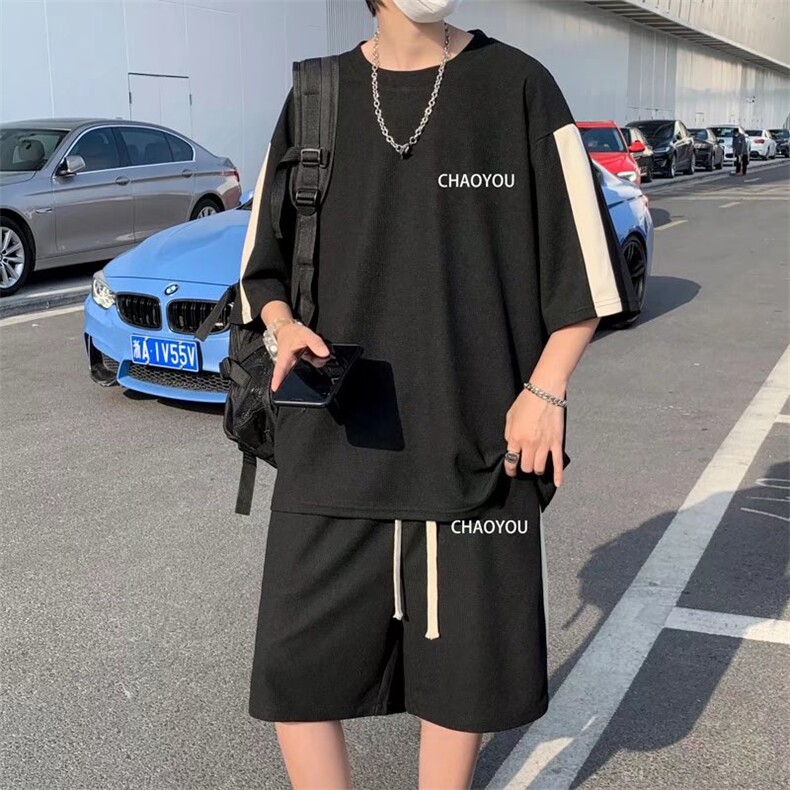 wassupcandy夏季短袖t恤休闲运动套装男大码裤子半袖上衣服一套,男装休闲套装,星座1008