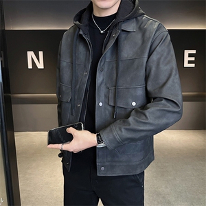 店主风2025秋新款假两件连帽可拆卸皮衣男夹克外套5035-P165