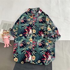 2021夏季新日系大码男港风沙滩情侣休闲短袖印花衬衫C3020-P35，男装衬衫，电商A001