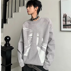 AA1808P50宽松型美式复古印花毛衣长袖针织衫，男装针织衫/毛衣，电商B323A
