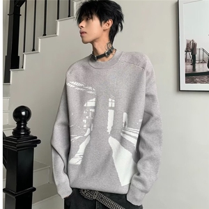 AA1808 P50宽松型美式复古印花毛衣长袖针织衫图片