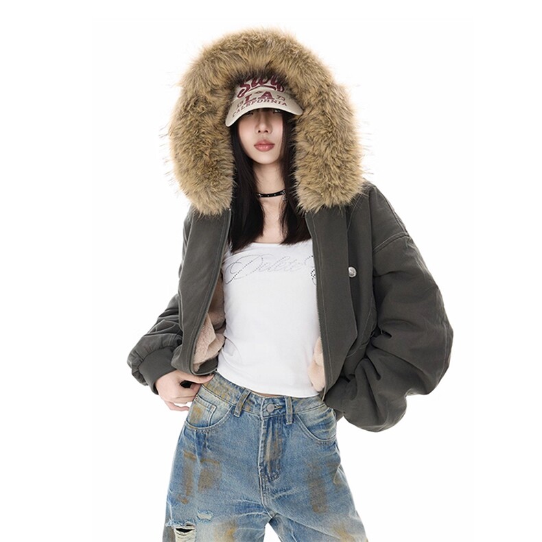 现货重磅boxy短款棉衣座山雕大毛毛领男女棉服水洗工装厚外套,男装棉衣,电商A486