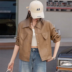 BAO欧货翻领PU皮衣外套女2025新款春秋短款超好看机车服水洗夹克，女装皮衣，跑量工厂店