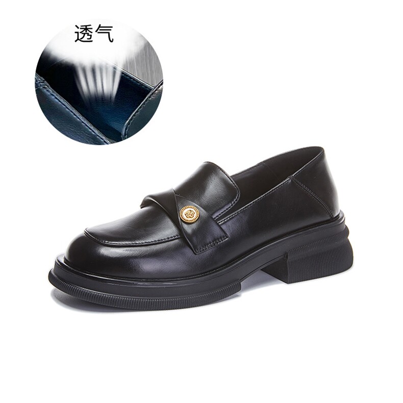 黑色乐福鞋女2024春季新款粗跟单鞋浅口休闲时装鞋一脚蹬小皮鞋女,女鞋小皮鞋,电商A223