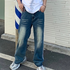 美式复古牛仔裤男高街潮牌ins宽松条纹垂坠感百搭oldschool裤子，男装牛仔裤，星座601-2