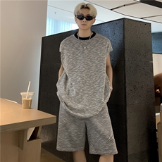 潮牌无袖T恤坎肩背心男短裤夏季美式高街大码休闲运动套装特P55，男装T恤，电商C307A