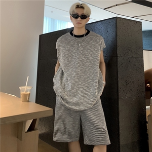 潮牌无袖T恤坎肩背心男短裤夏季美式高街大码休闲运动套装特P55图片