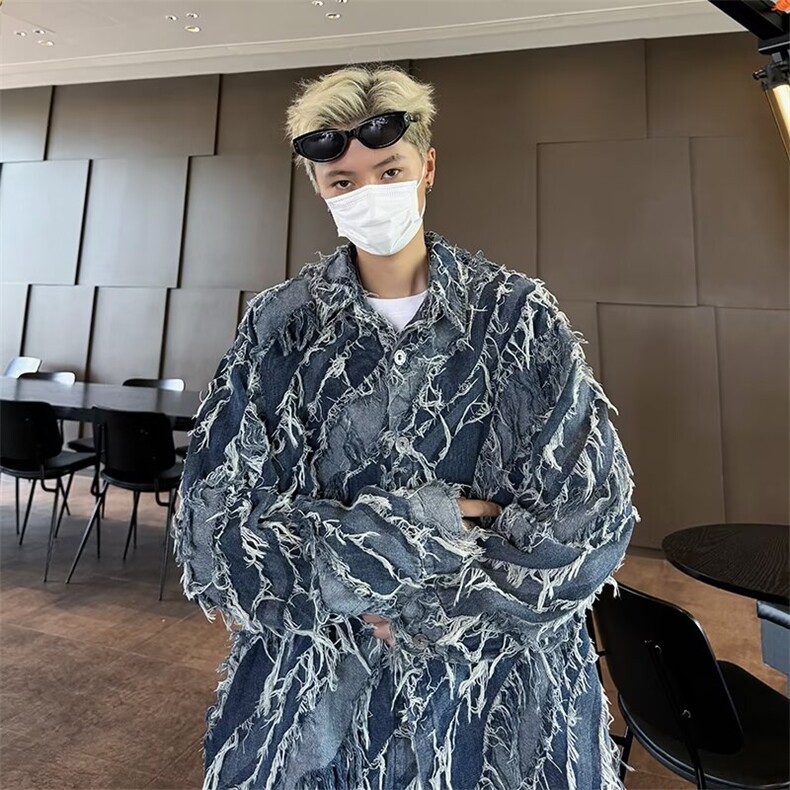 流苏拼色牛仔外套男韩版潮流高街帅百搭2024秋冬ins夹克W6102-P66，男装工装外套，星座412-2