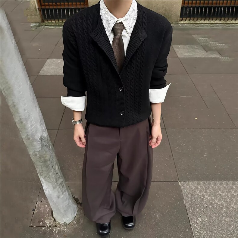 潮流流行秋冬衣服商务时尚圆领毛衣开衫针织衫上衣男装日系气质图片