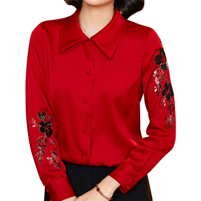 优雅红色真丝衬衫女长袖刺绣修身显瘦职业装上衣单排扣翻领衬衣,女装衬衫,宋氏羊绒