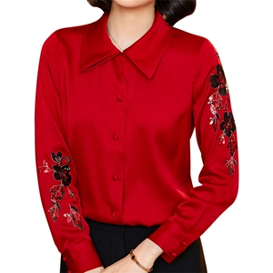 优雅红色真丝衬衫女长袖刺绣修身显瘦职业装上衣单排扣翻领衬衣图片