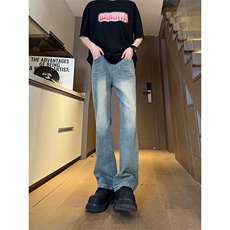 现货主推渐变复古蓝微喇直筒松紧腰休闲牛仔裤男女K5809-P50控69，男装牛仔裤，星座205