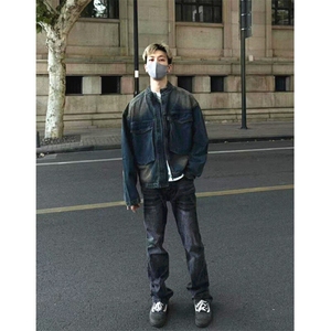 秋季渐变水洗口袋牛仔夹克男女短款宽松立领情侣外套 J2201图片
