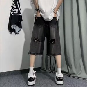 601-P36 美式水洗做旧牛仔短裤男女高街复古割破阔腿百搭宽松图片
