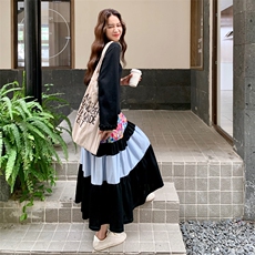 法式碎花拼接黑色连衣裙女春秋2025新款休闲气质卫衣裙爆款高级感，女装连衣裙，2C158