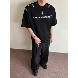黑色重磅美式垫肩卫衣男秋季痞帅高级感金属扣长袖T恤情侣打底衫图片