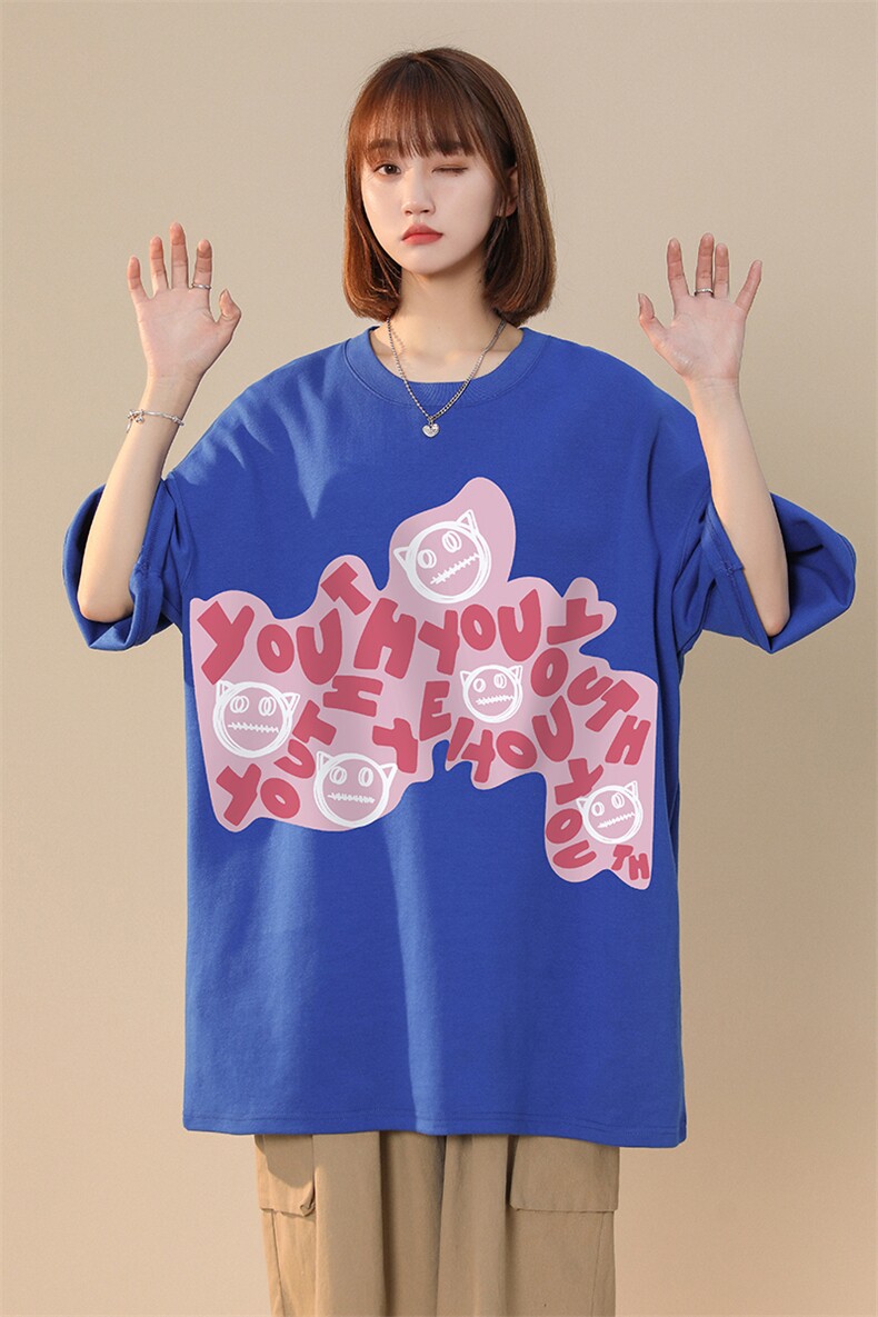 中性夏季潮时尚宽松粉色印花情侣百搭短袖T恤T1027P25控38,男装T恤,A247A