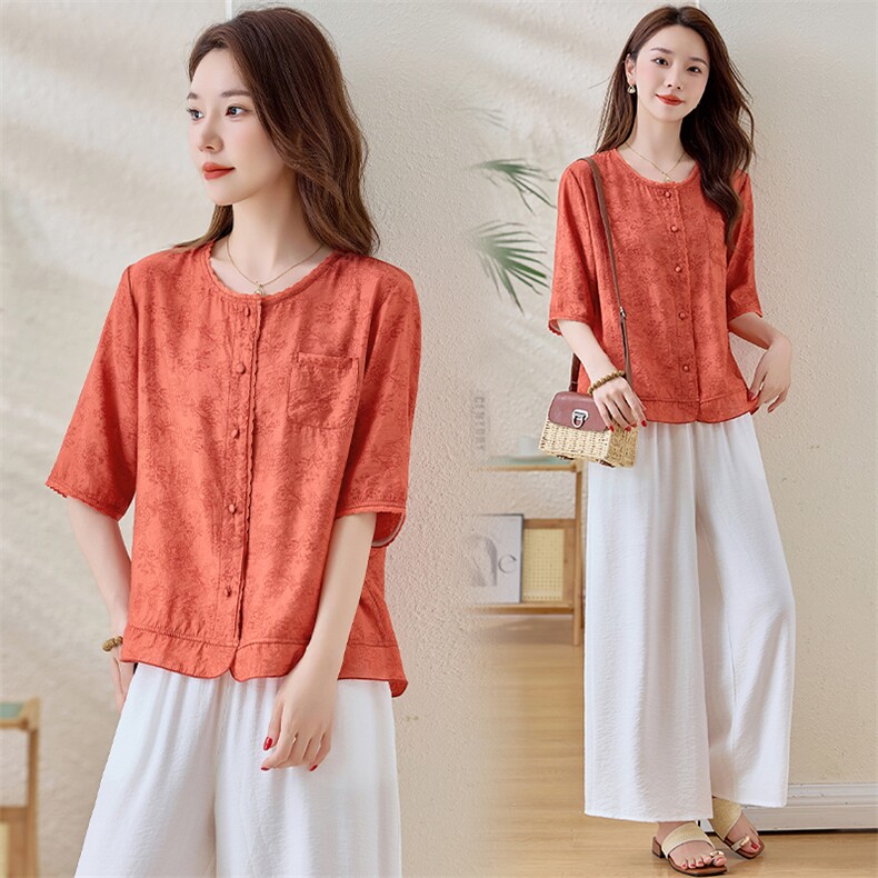 现货套装女妈妈装新款2025夏季刺绣高级感复古天丝棉麻短袖两件套，女装套装/套裙，魅影