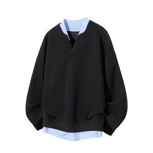 重磅拼接V领卫衣男秋季美式潮牌纯色老钱风宽松大码痞帅上衣外套图片