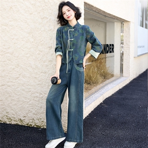 新中式复古盘扣牛仔套装女2025春秋新款印花改良唐装阔腿裤两件套图片