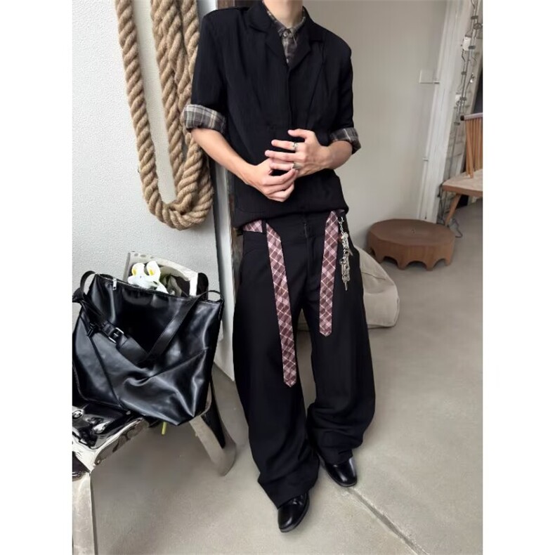 379-P42潮流原版格子腰带西裤250克立体半松紧文艺慵懒,男装西裤,电商B323A