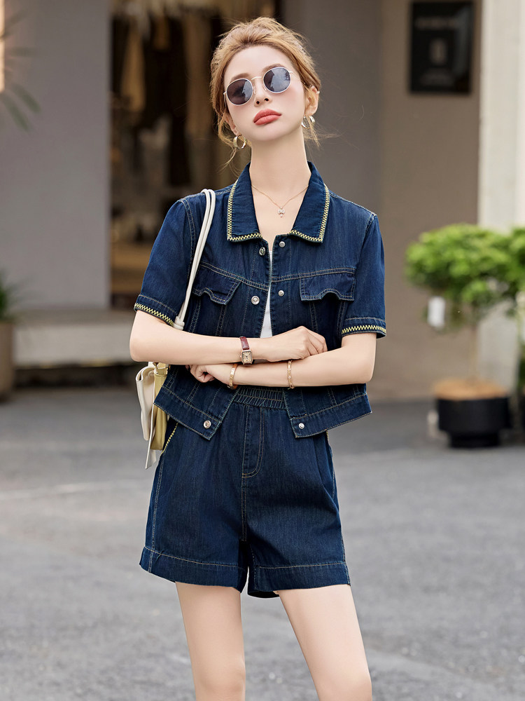 牛仔短裤套装女2025夏新款小个子韩系高级松弛感超火减龄休闲穿搭,女装套装/套裙,意芙