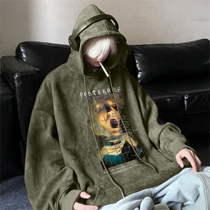 新款麂皮大码连帽卫衣男港风宽松潮流印花JK23485特批45控78图片