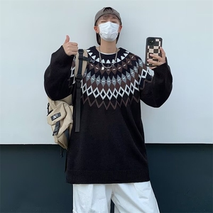 美式复古重磅毛衣圆领提花打底针织衫男春季常规青少年冬季图片