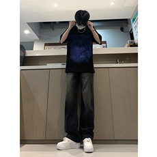 现货24春夏渐变复古蓝黑色宽松直筒阔腿牛仔裤男K5806-P50，男装牛仔裤，星座205
