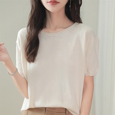 夏季薄款卷边圆领针织短袖t恤女休闲宽松百搭，女装针织衫/毛衣，品高羊绒