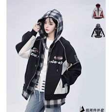 春季新款港风美式潮牌假两件字母印花连帽夹克XZ213-JK6666-P80，男装夹克，星座213