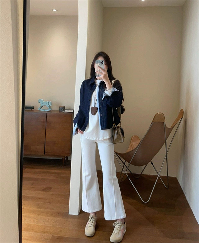 秋冬季复古蓝拼接格纹设计感翻领显瘦牛仔衬衫外套,女装衬衫,湘姗