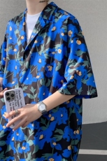 8XL-M冰丝凉感衬衣垂感透气复古花纹宽松男五分袖短袖衬衫CS526，男装T恤，电商D206-1