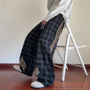 K25103批45控68 秋季三条杠男裤子格子直筒裤休闲裤拖地裤长裤图片