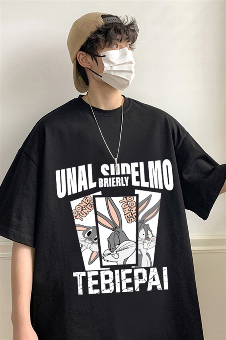 T563P26夏季新款港风纯棉短袖T恤ins衣服宽松半袖体恤兔子图案,男装T恤,星座304A