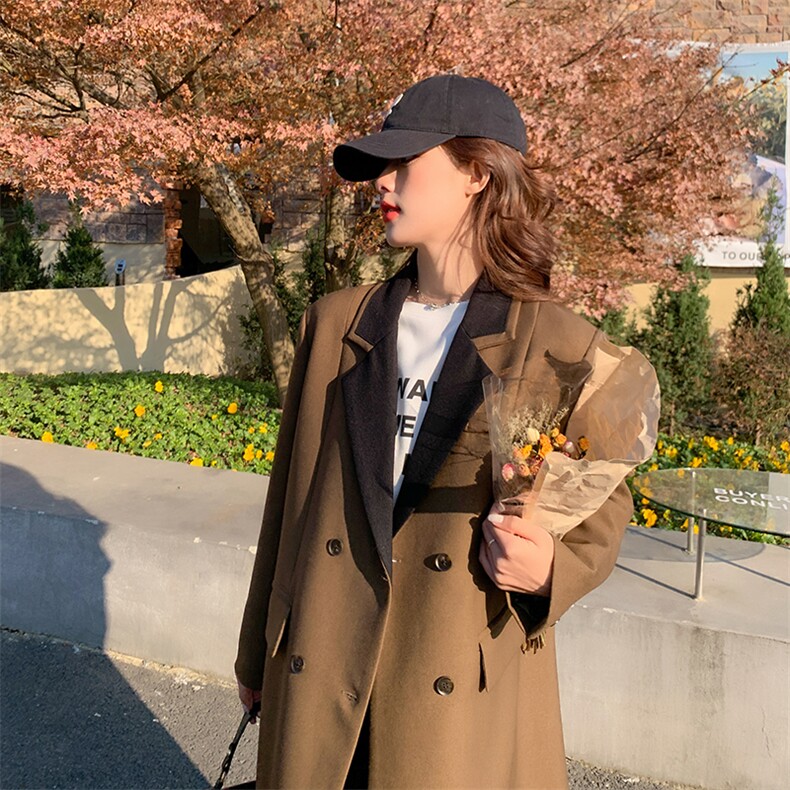 23年新款拼色长款韩版西装外套,女装西装,菡迪欧娜