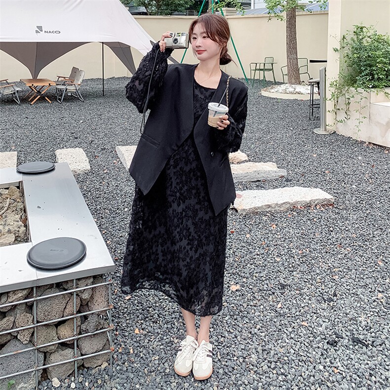 现货2D078-T1840-P175K238压花工艺长袖连衣裙+西装马甲,女装套装/套裙,2D078