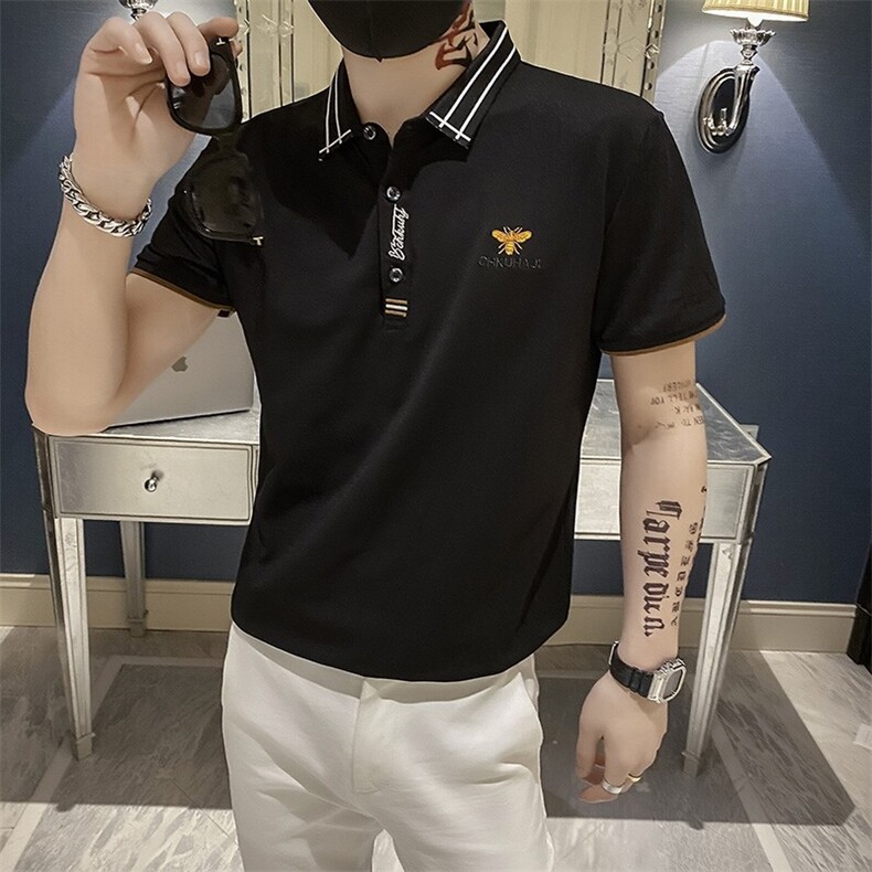 82380-P35翻领短袖t恤男士新款刺绣韩版修身社会精神小伙衫图片