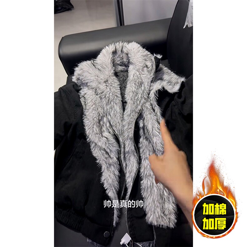 现货高品质美式高街重磅狼王座山雕毛毛领假两件棉衣加厚棉服外套,男装棉衣,电商A486-1