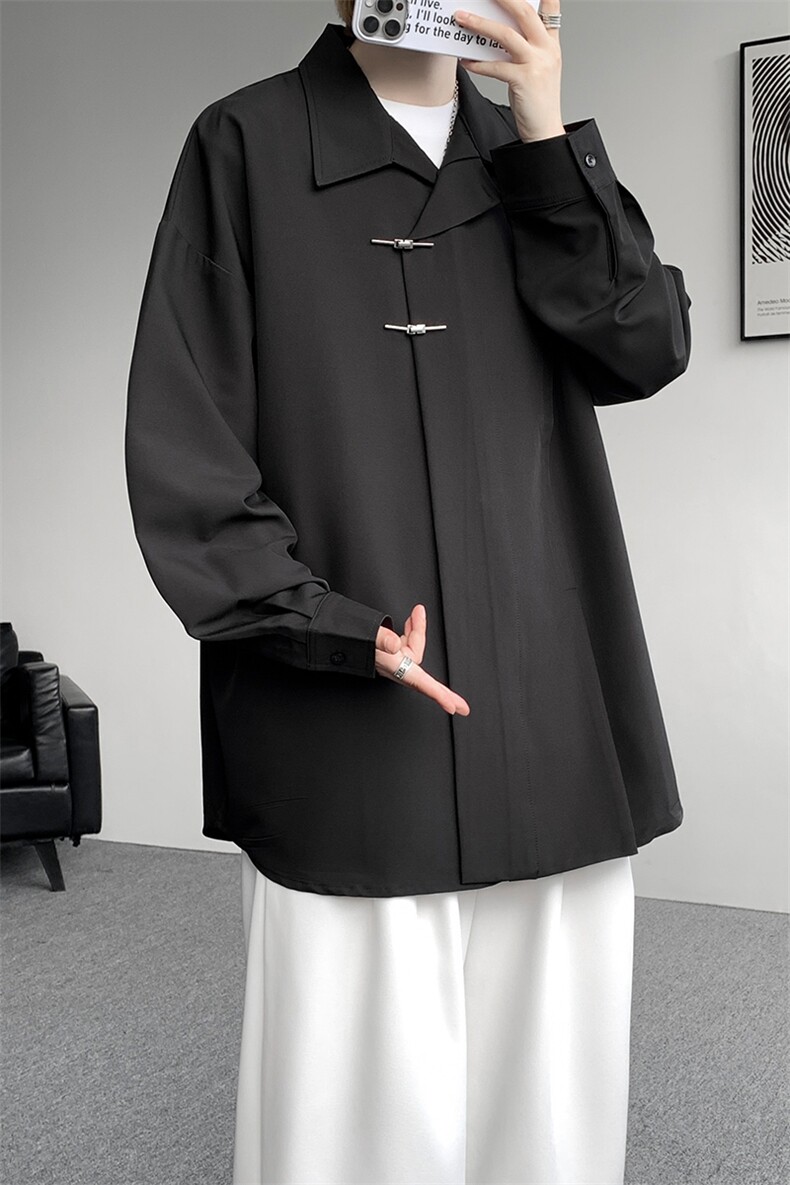 8XL-M风新中式黑色翻领长袖衬衫男秋季休闲衬衣痞帅CS537P58,男装衬衫,电商D206-1