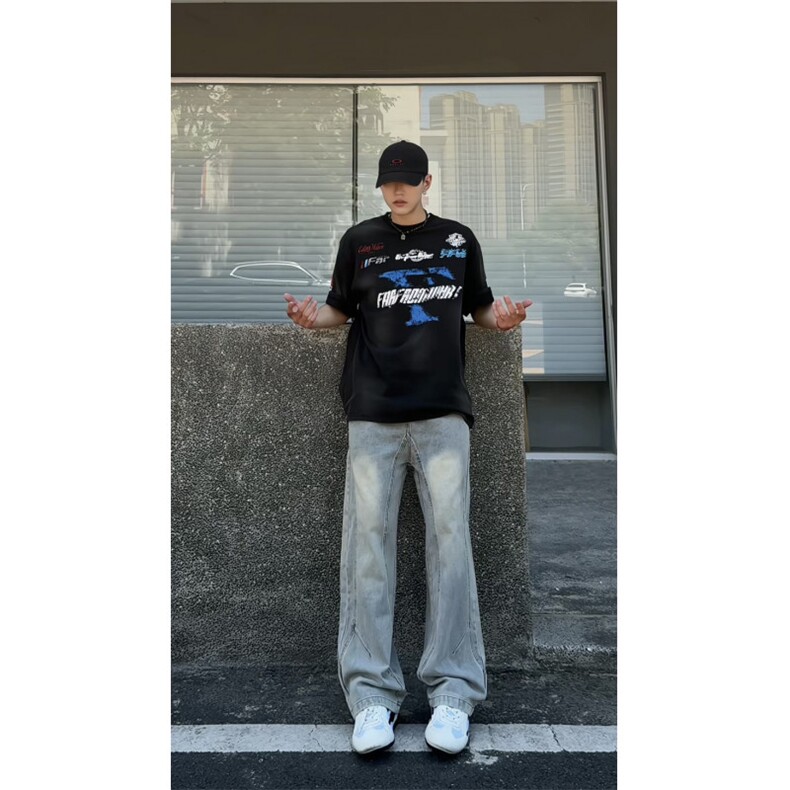 星座910-拼接弯刀-视频切片-抽绳直筒宽松牛仔裤复古做旧-G9101,男装牛仔裤,星座910