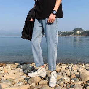 简约九分牛仔裤男宽松直筒裤男韩版百搭休闲裤DS687T