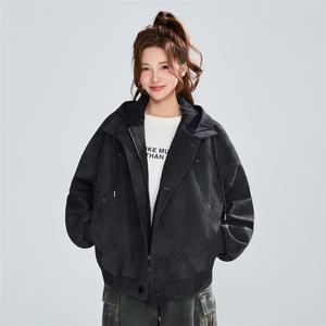 假两件连帽麂皮绒夹克女宽松复古潮流百搭外套 XZ309 JK8001 P98图片