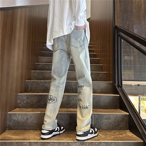 k1034-p45-控68 S-5XL高品质微喇微弹大码现货浅灰牛仔裤印花图片