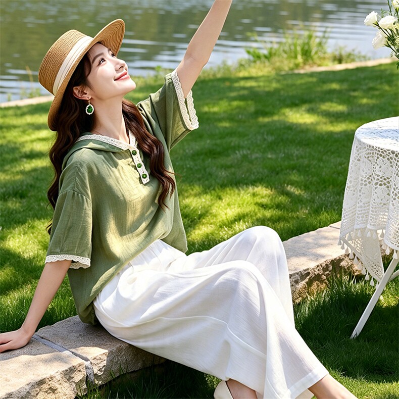 芷墨夏季新款复古通勤松弛百搭套装显高显瘦宽松遮肉上衣阔腿裤女,女装套装/套裙,芷墨服饰