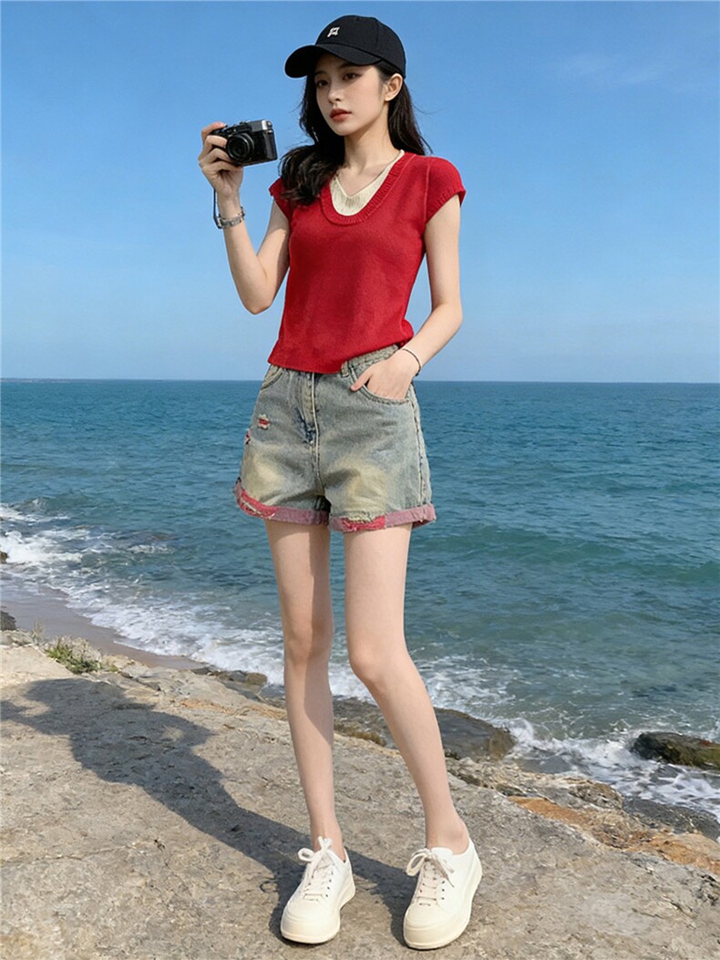 时尚简约套装女夏收腰显瘦撞色拼接短袖针织衫破洞牛仔短裤两件套,女装套装/套裙,江南
