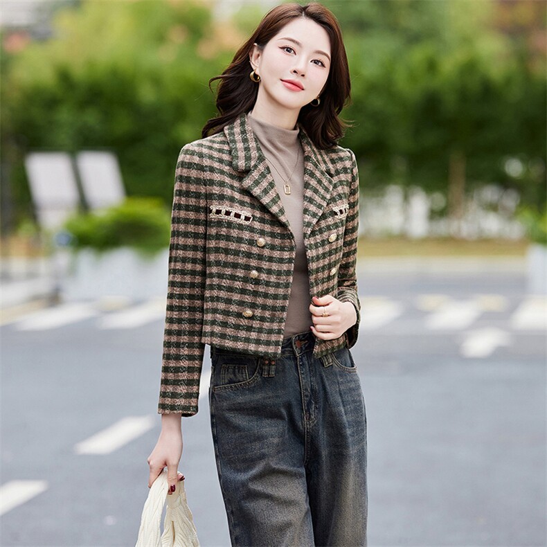 格子毛呢外套女秋冬小个子2024年冬季新款小香风短款西装妮子大衣,女装毛呢外套,婵米儿
