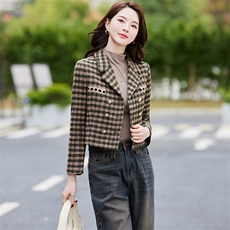 格子毛呢外套女秋冬小个子2024年冬季新款小香风短款西装妮子大衣，女装毛呢外套，婵米儿