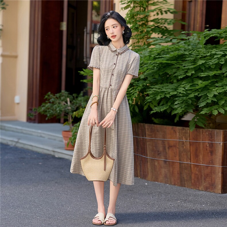 学院风格纹连衣裙女春夏收腰显瘦中长裙格子裙子,女装连衣裙,水衣源